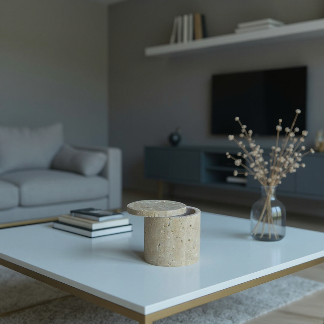 Rosalin Travertine Vessel with Lid