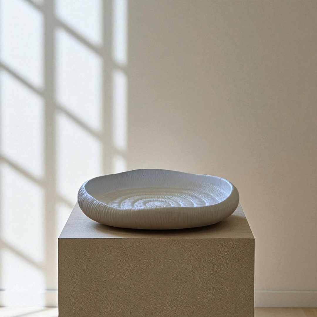 Zephyr Serving Tray, Artisan Cement Display Piece Hand-painted in White Dove, 14.1"D x 2.3"H