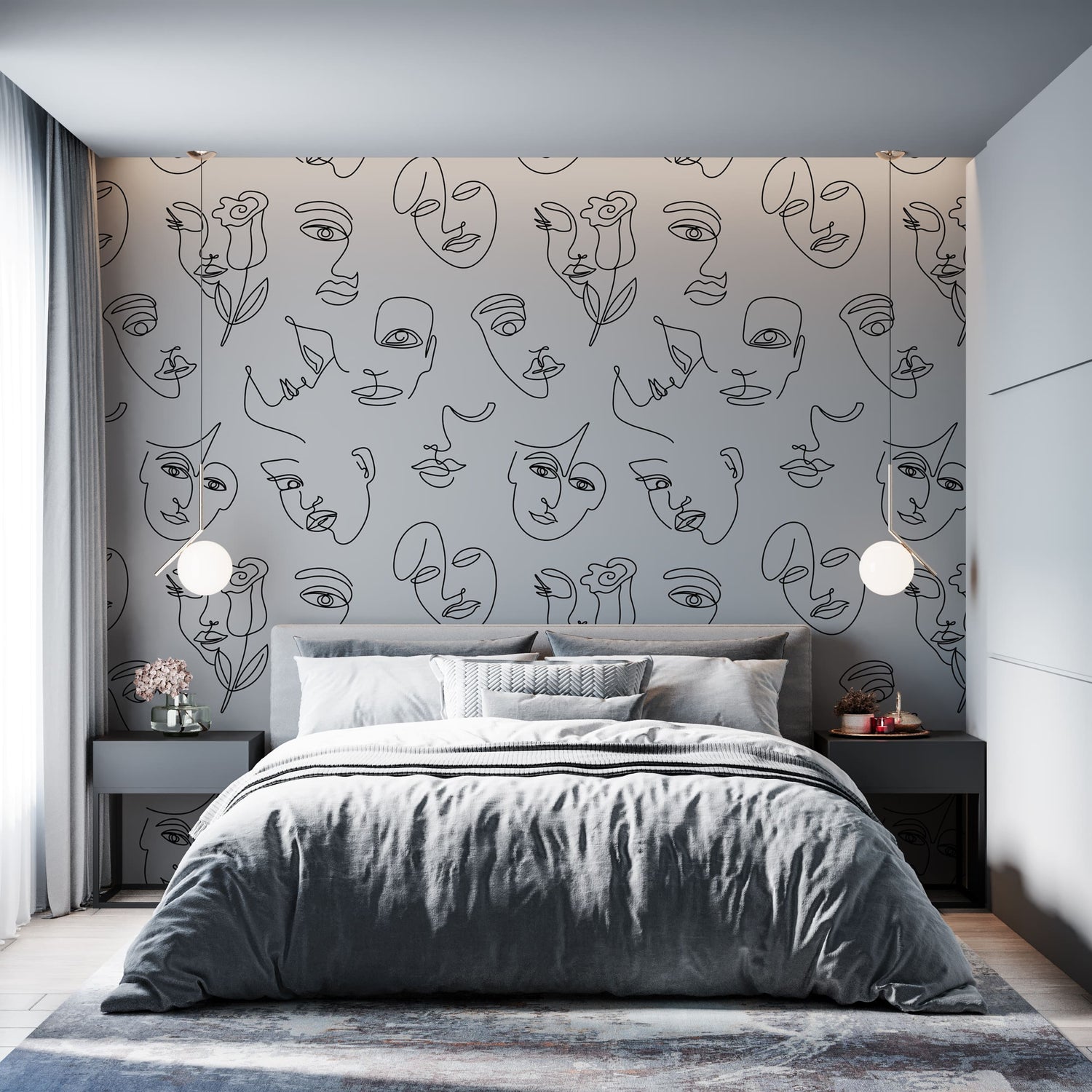 Minimalist Line Art Wallpaper - Abstract Faces Design