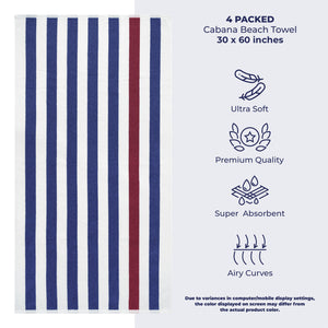American Soft Linen, Premium Cotton 4 Pack Beach Towels, 30" x 60" Cabana Striped Pool Towels