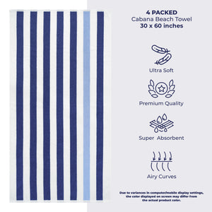 American Soft Linen, Premium Cotton 4 Pack Beach Towels, 30" x 60" Cabana Striped Pool Towels