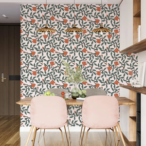 Art Nouveau Wallpaper – Retro  Botanical Design with Orange Blooms