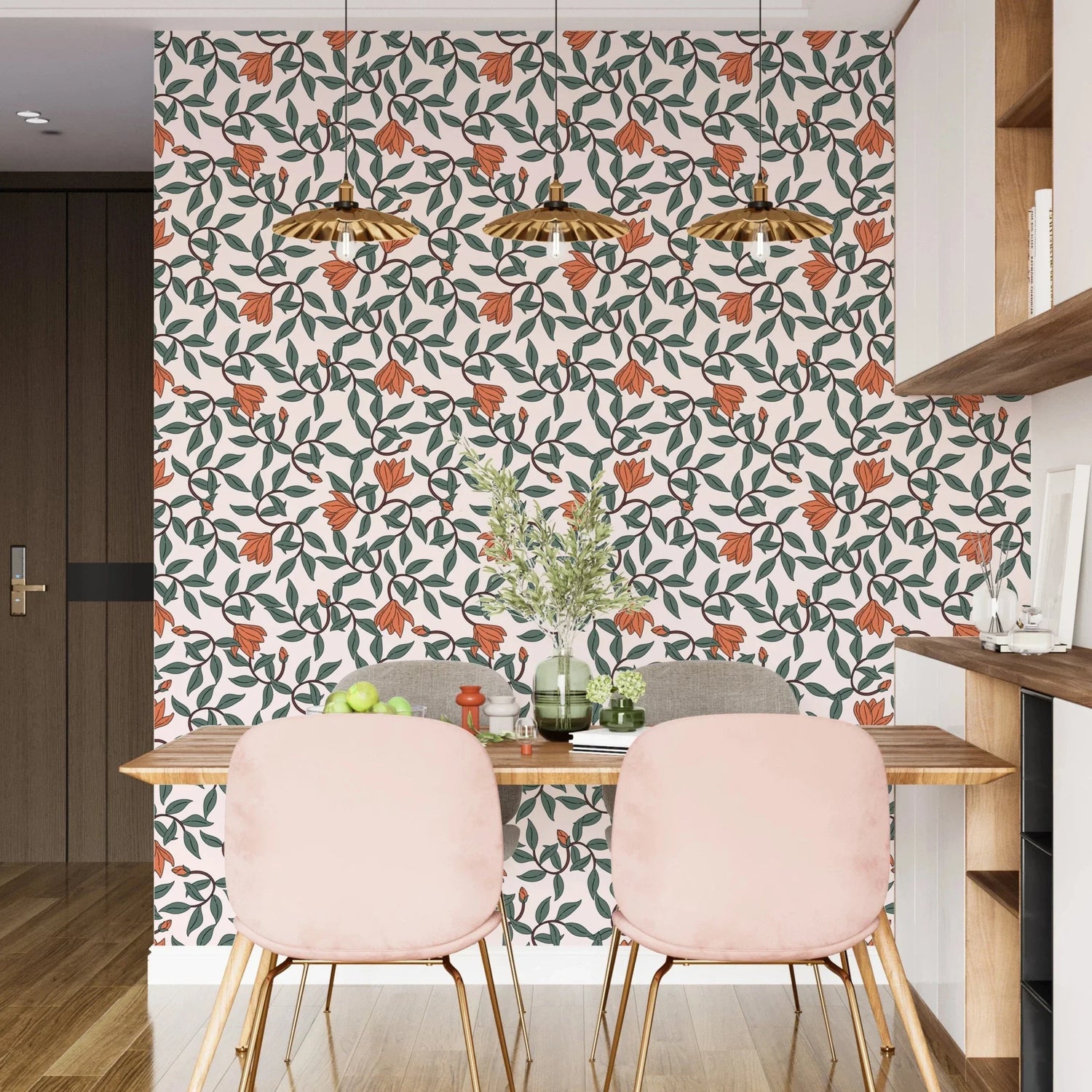Art Nouveau Wallpaper - Retro  Botanical Design with Orange Blooms