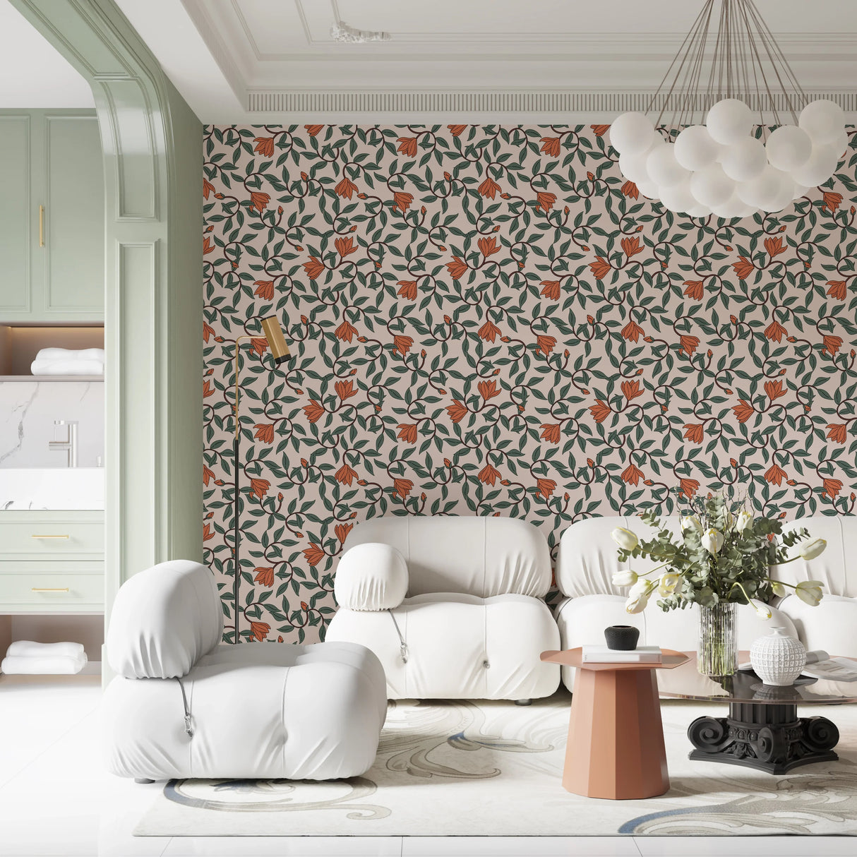 Art Nouveau Wallpaper – Retro  Botanical Design with Orange Blooms