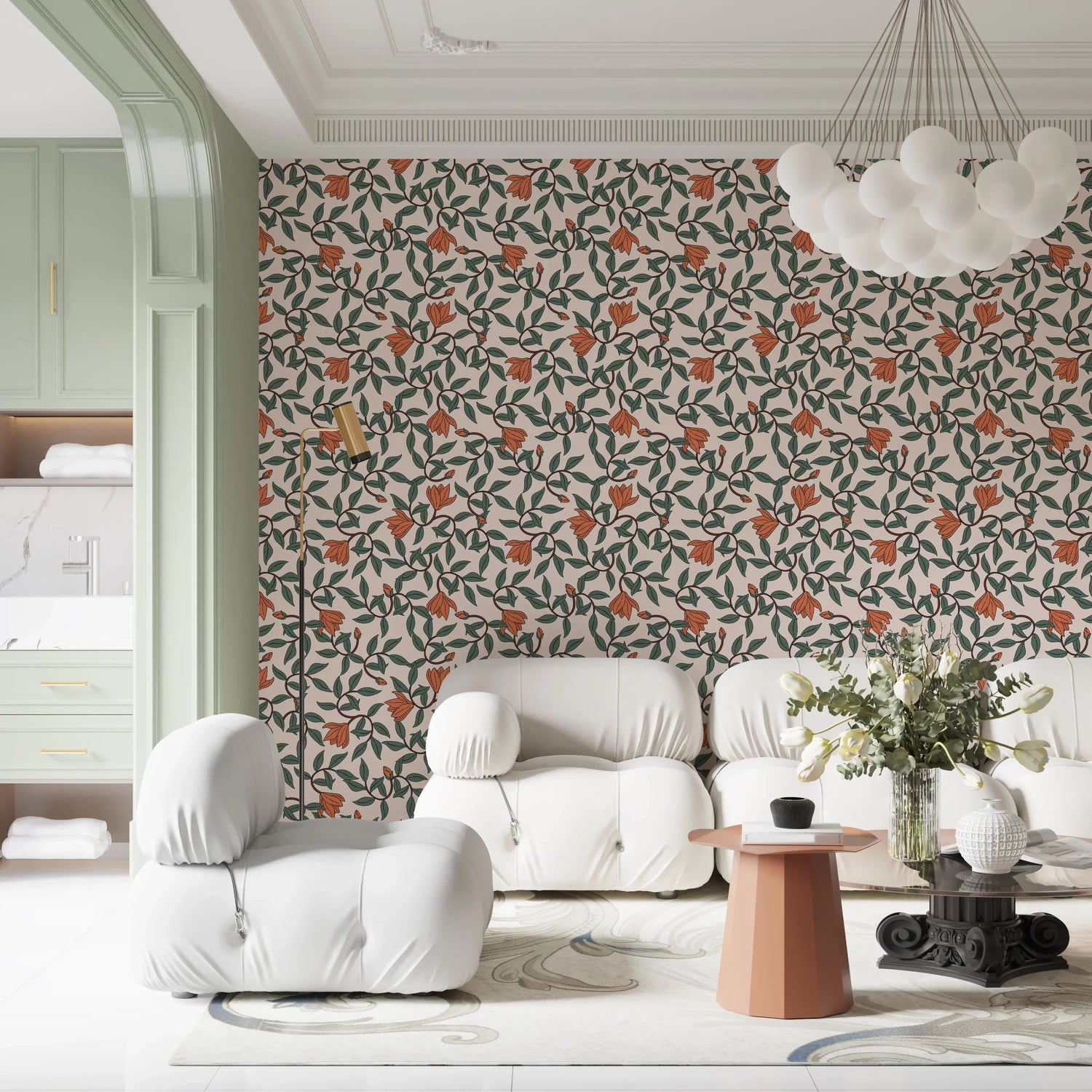 Art Nouveau Wallpaper - Retro  Botanical Design with Orange Blooms