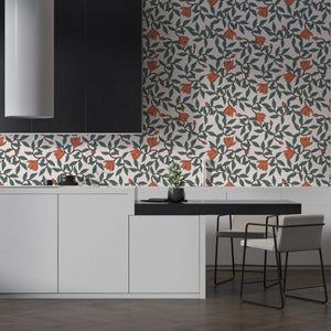 Art Nouveau Wallpaper – Retro  Botanical Design with Orange Blooms