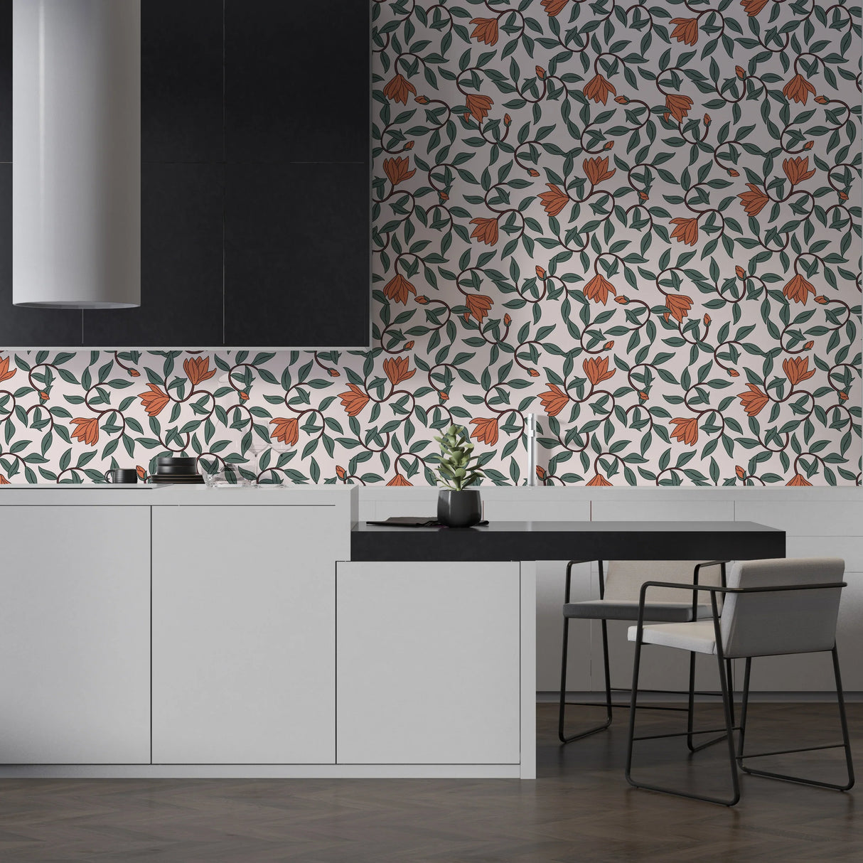 Art Nouveau Wallpaper - Retro  Botanical Design with Orange Blooms