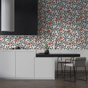 Art Nouveau Wallpaper - Retro  Botanical Design with Orange Blooms