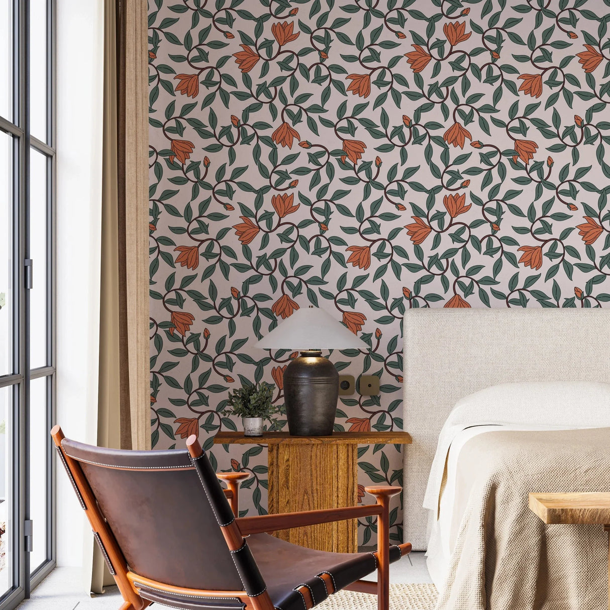 Art Nouveau Wallpaper – Retro  Botanical Design with Orange Blooms