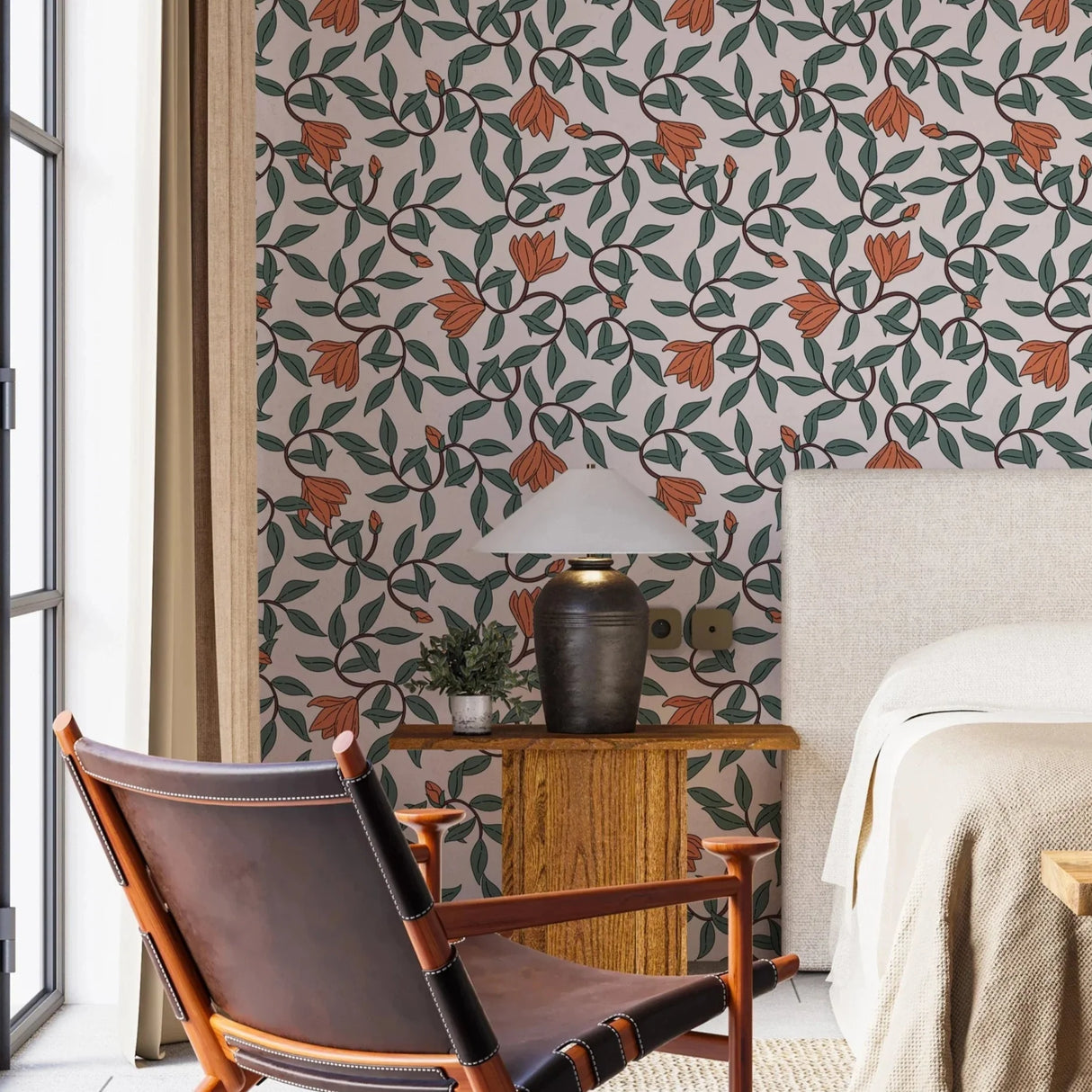Art Nouveau Wallpaper - Retro  Botanical Design with Orange Blooms