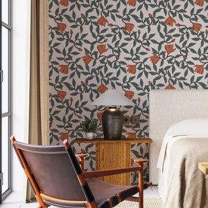 Art Nouveau Wallpaper - Retro  Botanical Design with Orange Blooms