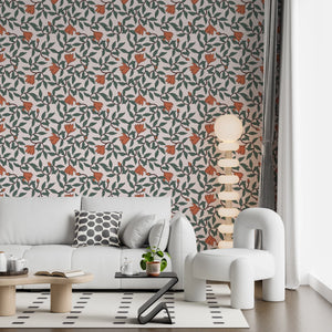 Art Nouveau Wallpaper – Retro  Botanical Design with Orange Blooms