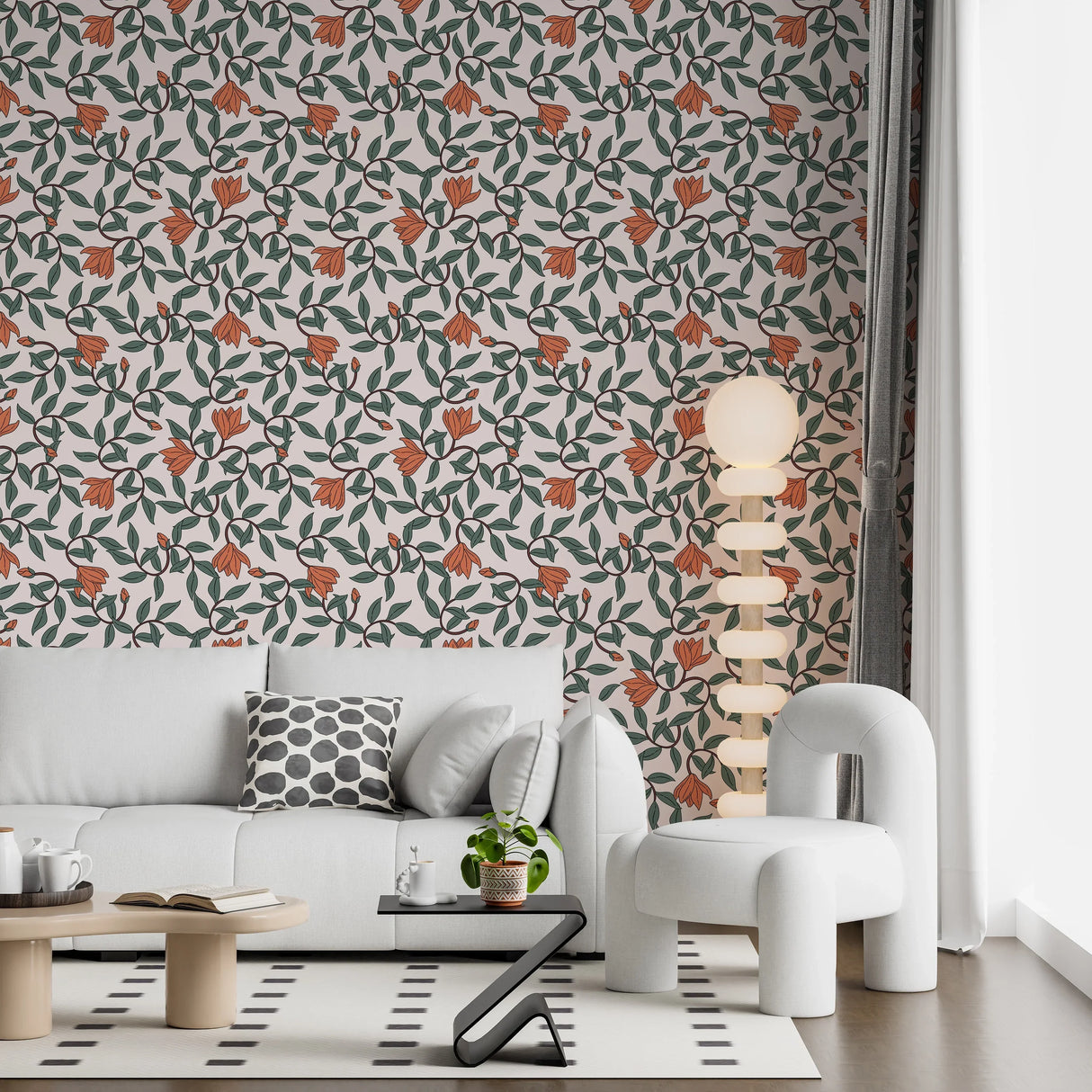 Art Nouveau Wallpaper - Retro  Botanical Design with Orange Blooms