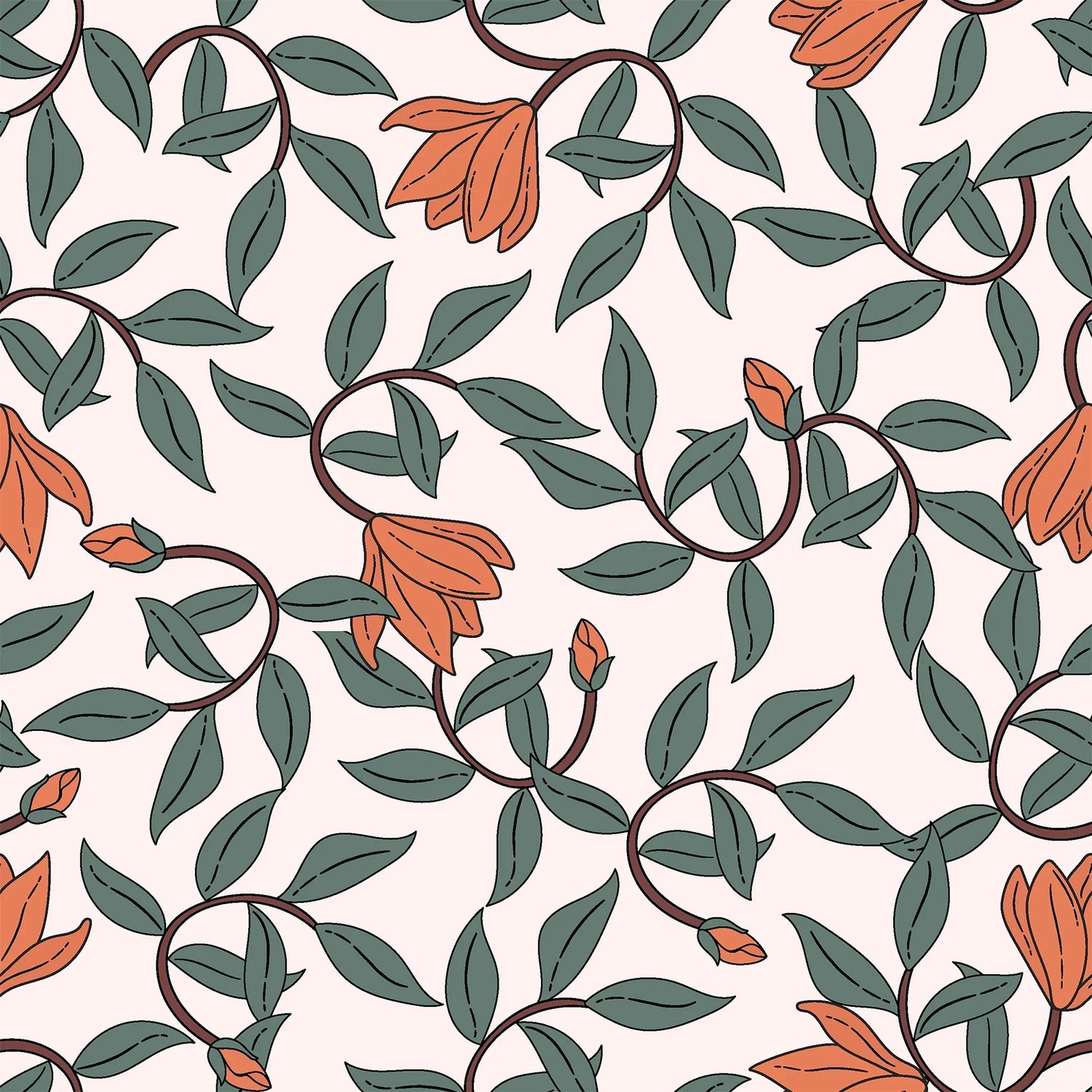Art Nouveau Wallpaper - Retro  Botanical Design with Orange Blooms