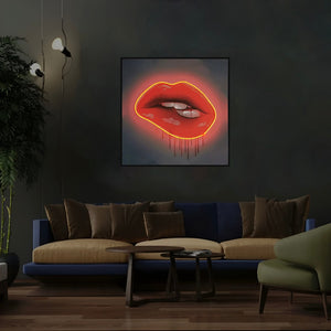 Red Lips LED Wall Art | Lip Biting Red LED Canvas with Paint Drip