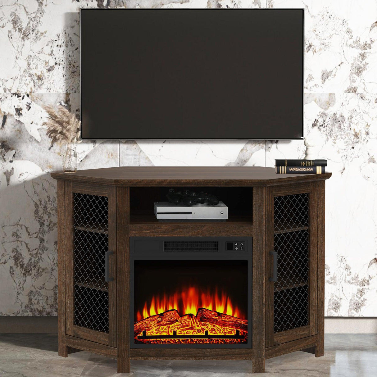 45" Corner Electric Fireplace TV Stands Console Table with 2 Metal Mesh Doors