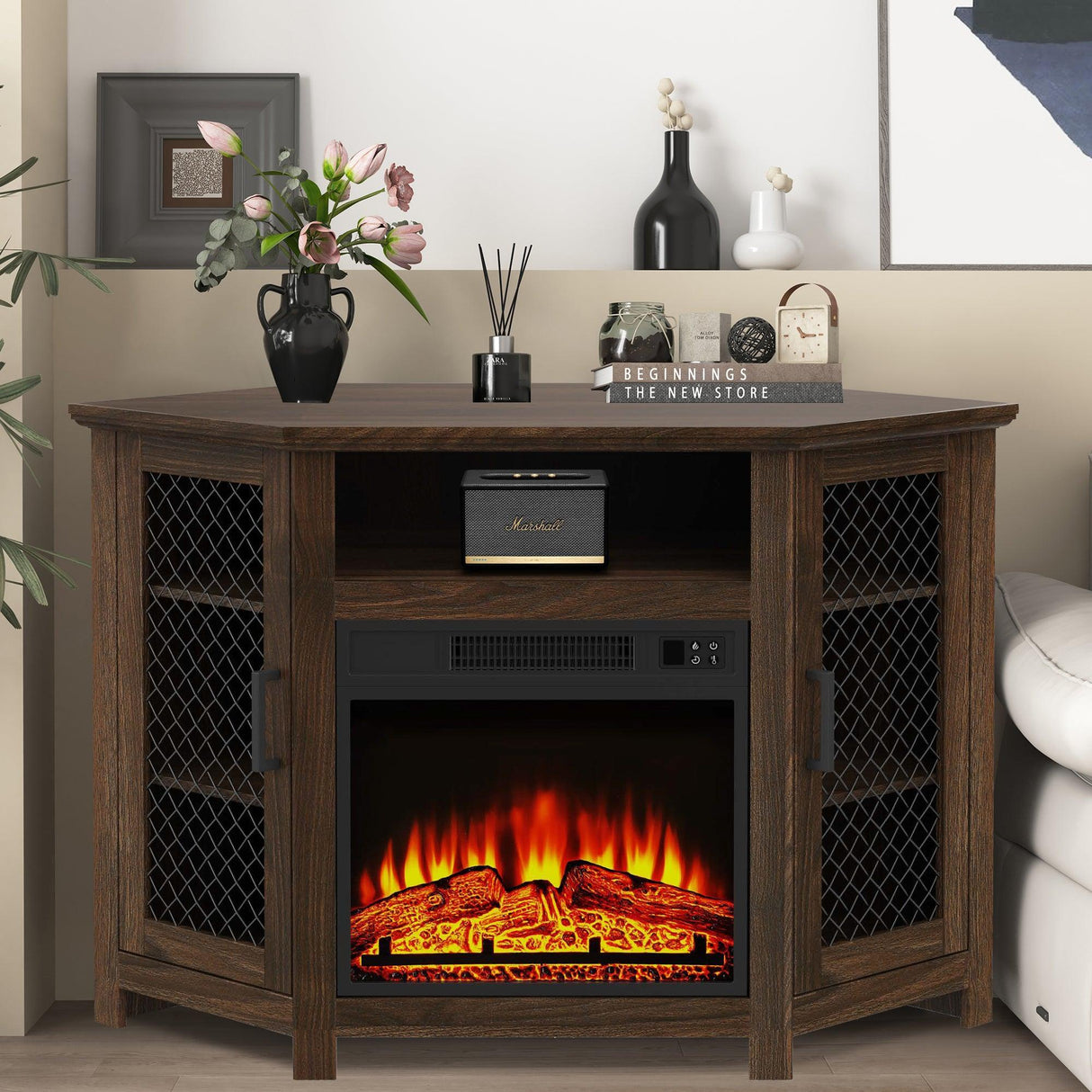 45" Corner Electric Fireplace TV Stands Console Table with 2 Metal Mesh Doors