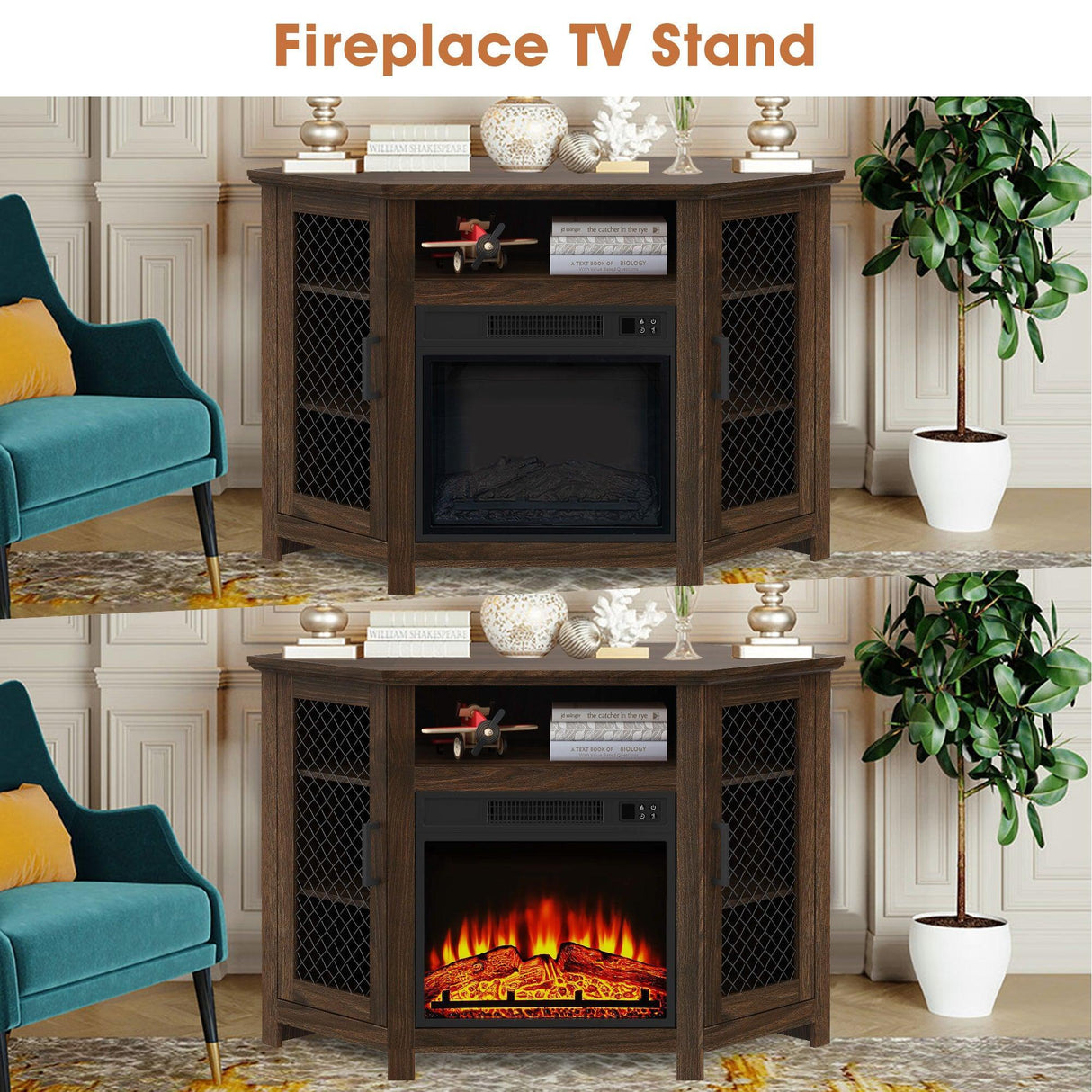 45" Corner Electric Fireplace TV Stands Console Table with 2 Metal Mesh Doors