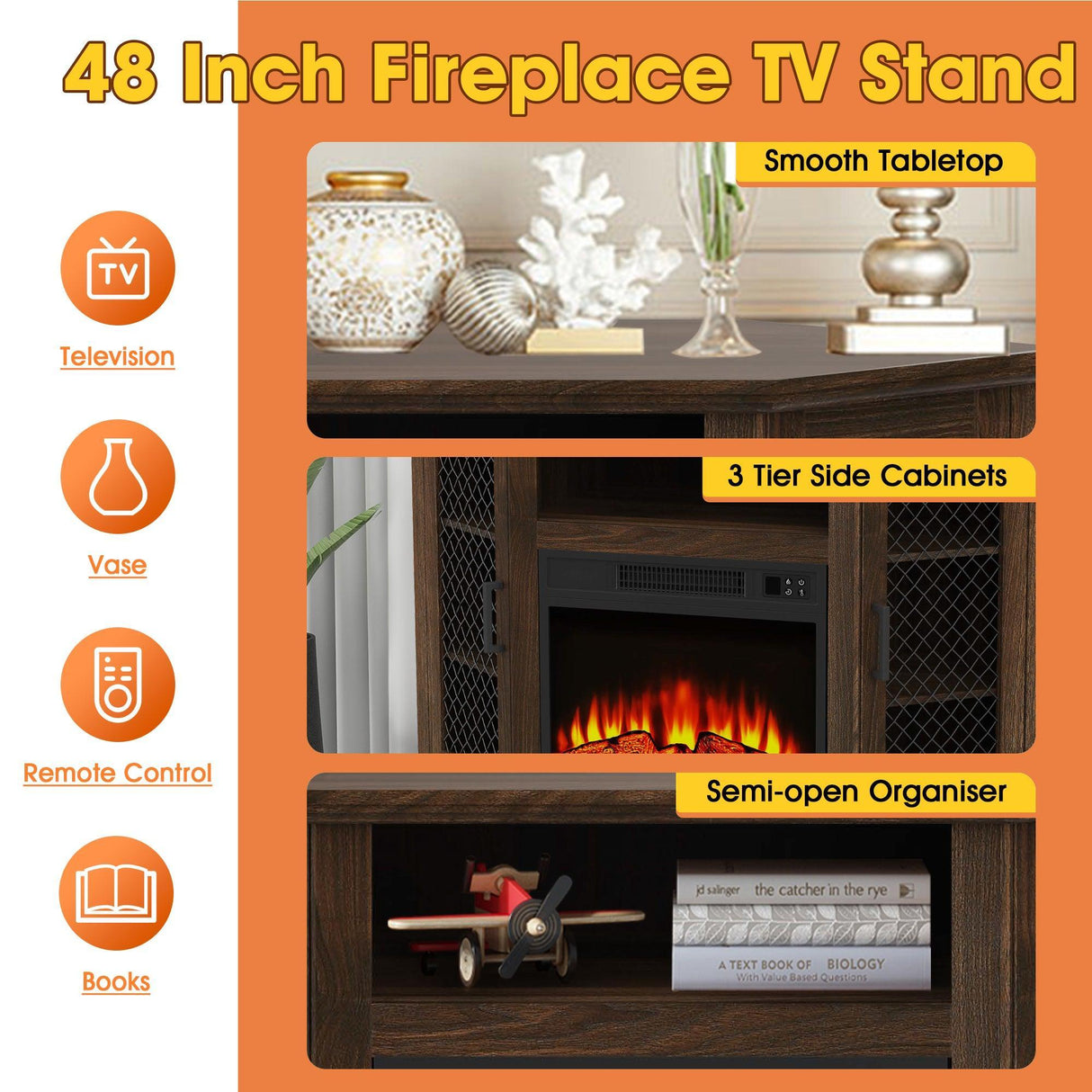 45" Corner Electric Fireplace TV Stands Console Table with 2 Metal Mesh Doors
