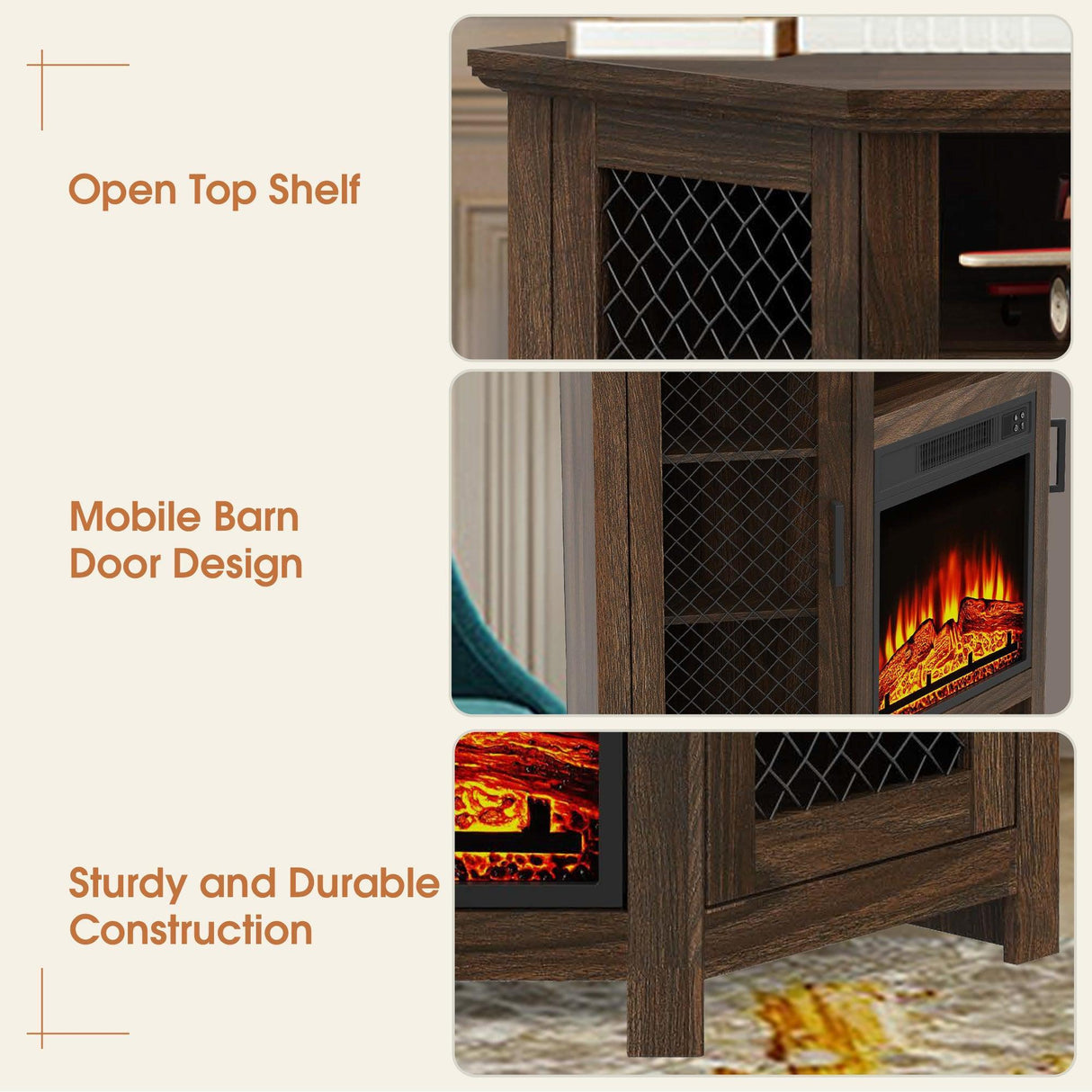 45" Corner Electric Fireplace TV Stands Console Table with 2 Metal Mesh Doors