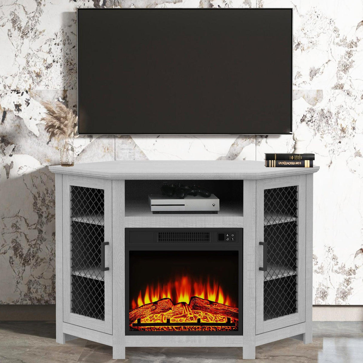 45" Corner Electric Fireplace TV Stands Console Table with 2 Metal Mesh Doors