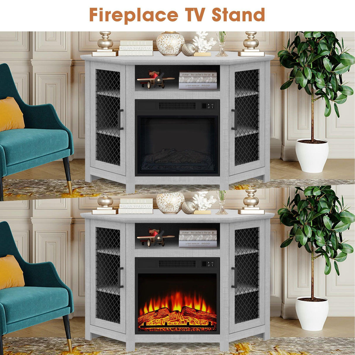 45" Corner Electric Fireplace TV Stands Console Table with 2 Metal Mesh Doors