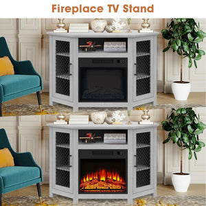 45" Corner Electric Fireplace TV Stands Console Table with 2 Metal Mesh Doors