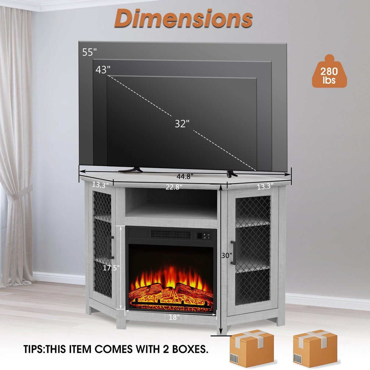 45" Corner Electric Fireplace TV Stands Console Table with 2 Metal Mesh Doors