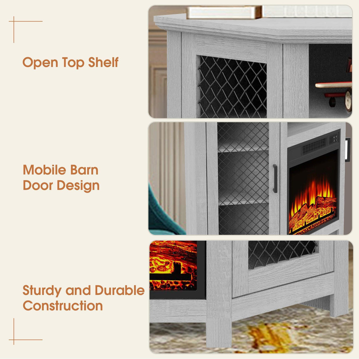 45" Corner Electric Fireplace TV Stands Console Table with 2 Metal Mesh Doors