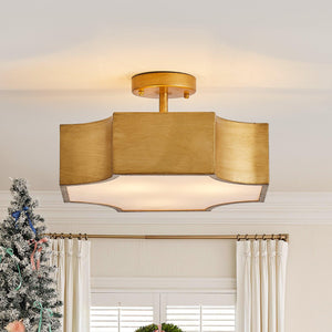 3-Light Vintage Golden LED Semi Flush Mount Light for Entrance, Closet, Kitchen