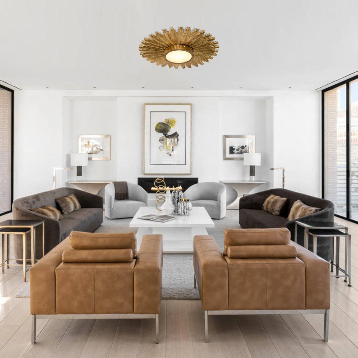 Golden Sunburst 2 Light Flush Mount Lighting