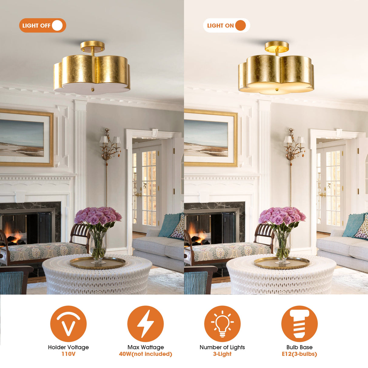 Golden Modern Semi Flush 3-Light Ceiling Lighting