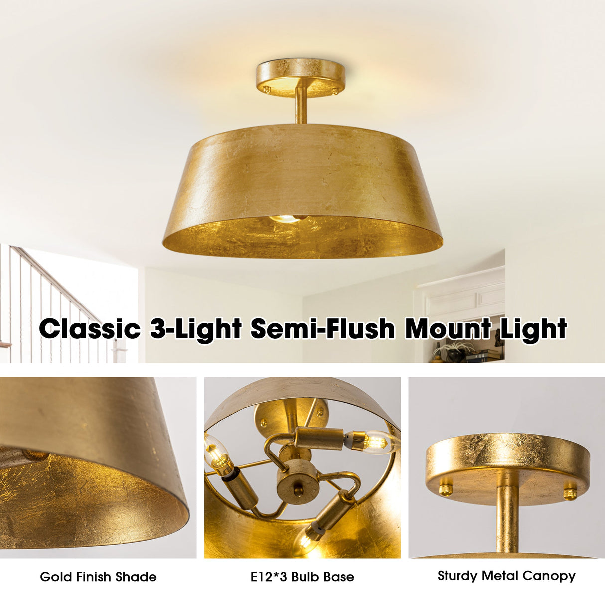 3-Light Golden Semi Flush Mount Lighting