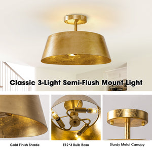 3-Light Golden Semi Flush Mount Lighting