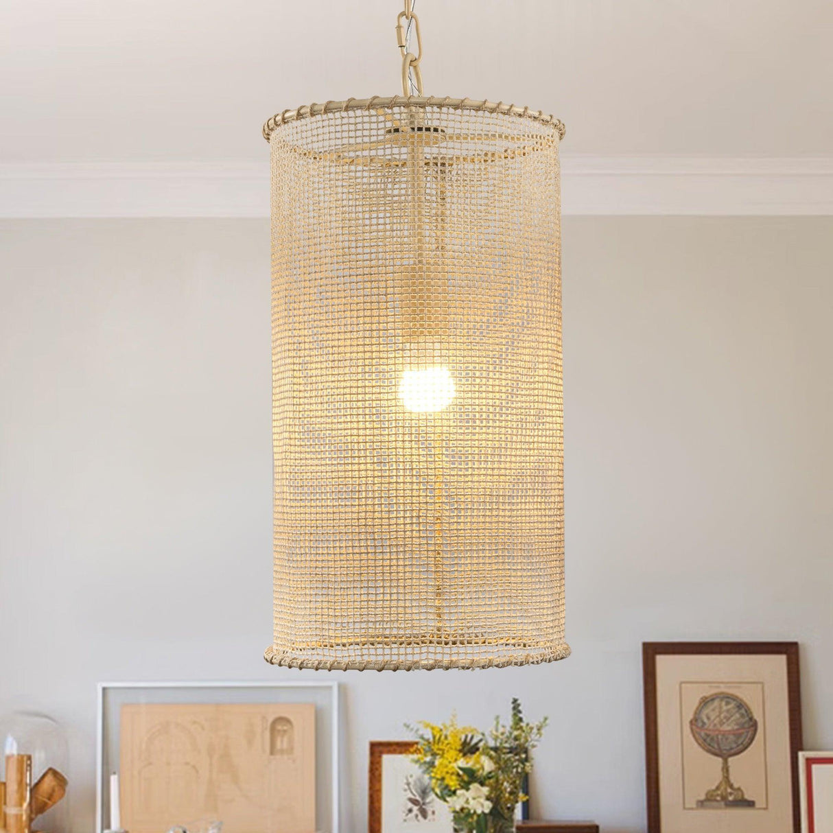 1-Light Wooden Beads Farmhouse Beige Dry Rated Pendant Lighting