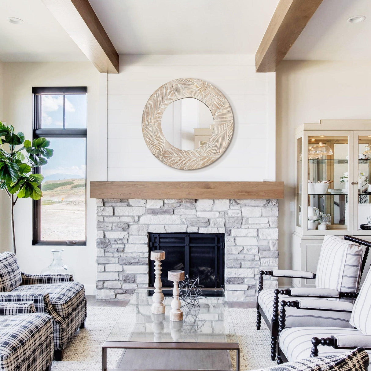 Traditioanl Wood Round Mirror Wall Decor