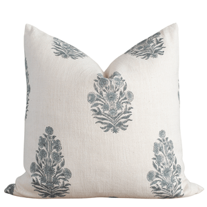 Azure Floral Block Printed Pillow Cover | Blue
