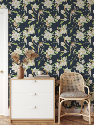 Blooming Magnolia Flowers Wallpaper on Blue Background