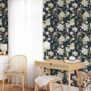 Blooming Magnolia Flowers Wallpaper on Blue Background