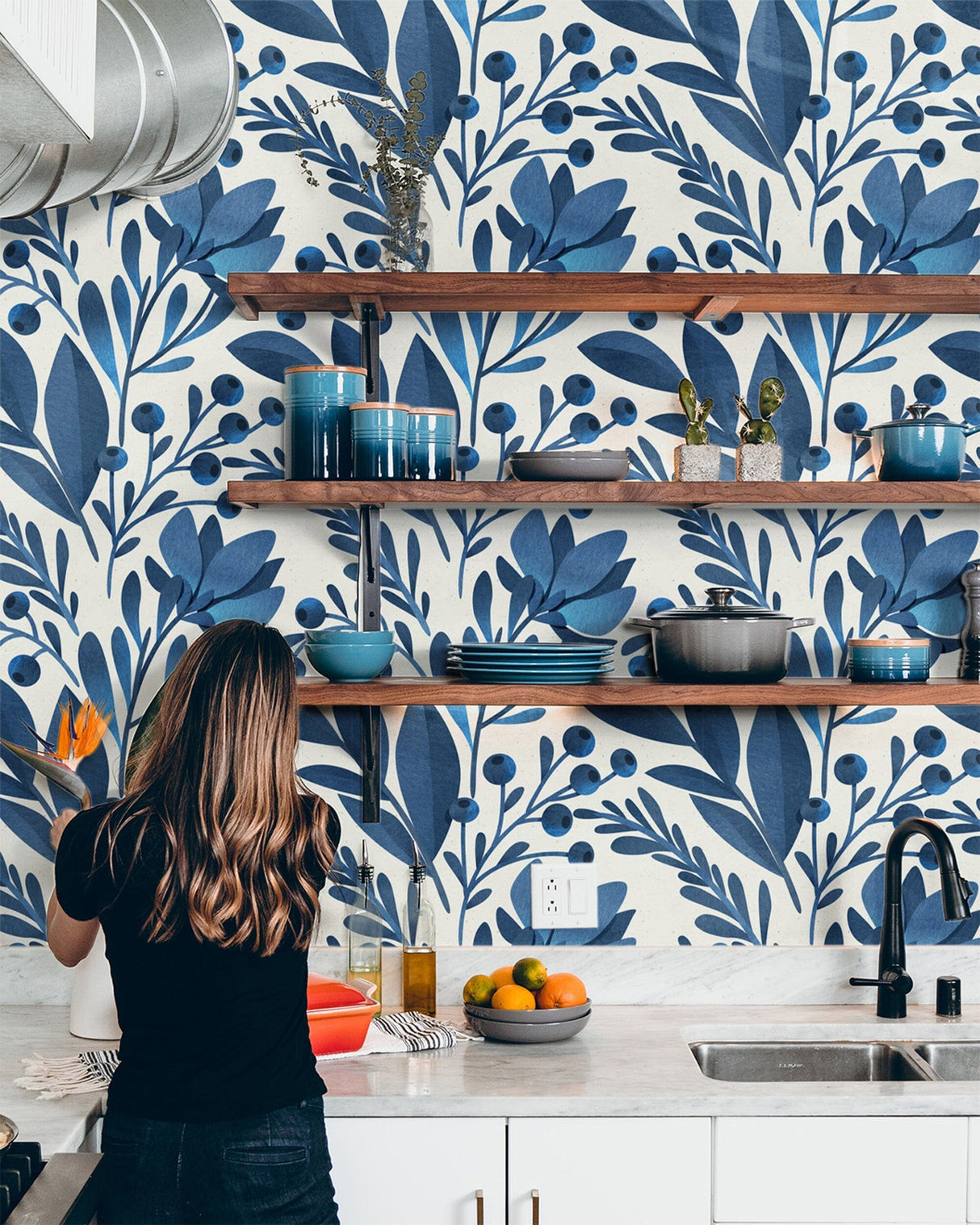 Navy Blue Flowers and Leaves Wallpaper
