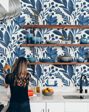 Navy Blue Flowers and Leaves Wallpaper