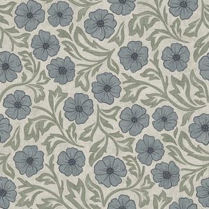 Blue and Green Linen Flowers Wallpaper | Hand-Drawn Vintage Floral