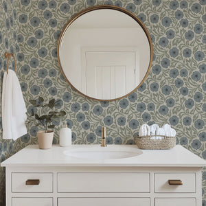 Blue and Green Linen Flowers Wallpaper | Hand-Drawn Vintage Floral
