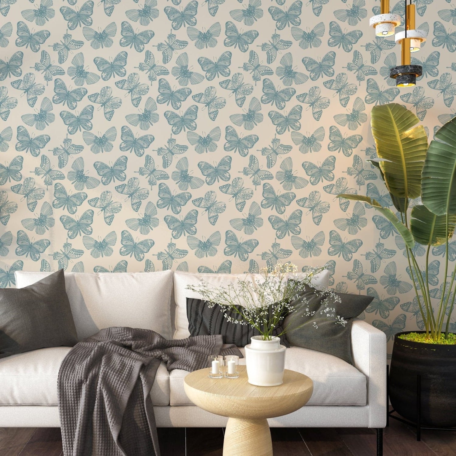 Whimsical Butterfly Wallpaper - Soft Blue Vintage Wallpaper