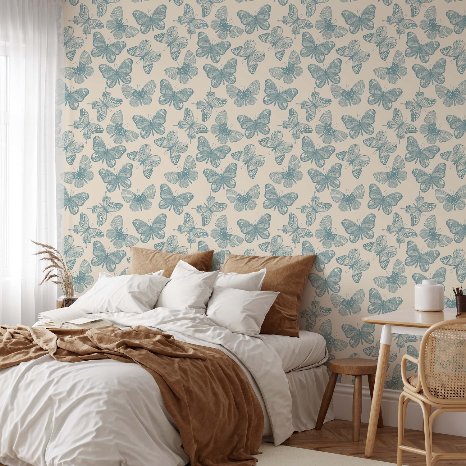Whimsical Butterfly Wallpaper - Soft Blue Vintage Wallpaper