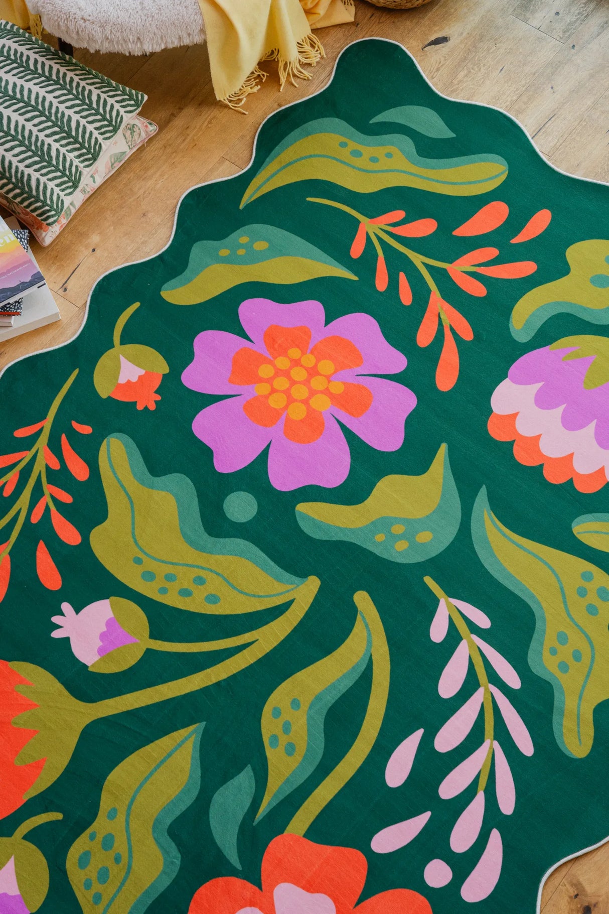 Green Base Pink Floral Wavy Rug by Jessica Miller