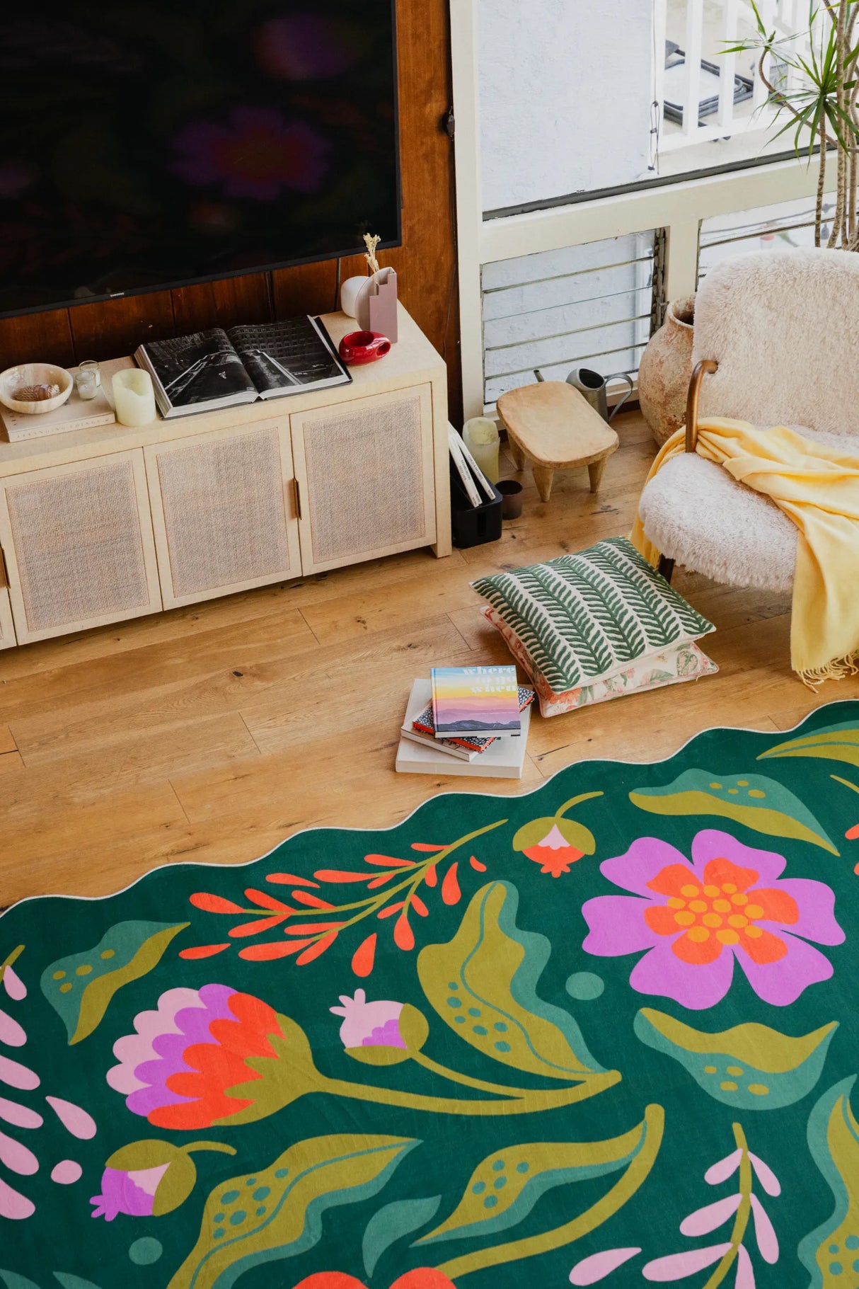 Green Base Pink Floral Wavy Rug by Jessica Miller