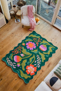 Green Base Pink Floral Wavy Rug by Jessica Miller