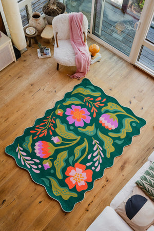 Green Base Pink Floral Wavy Rug by Jessica Miller