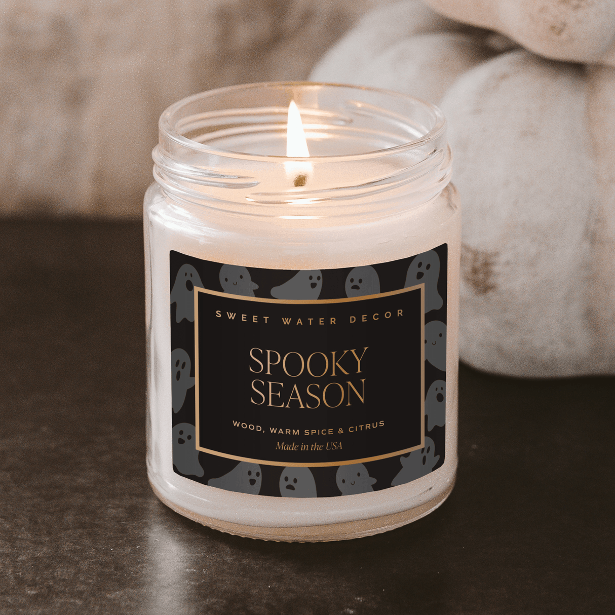 Spooky Season Soy Candle - Patterned 9 oz - Clear Jar (Cozy Season)
